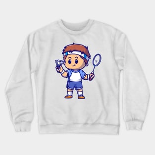 Cute Boy Playing Badminton Cartoon Crewneck Sweatshirt